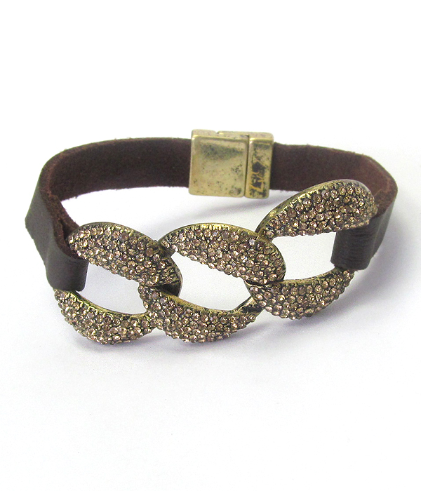 CRYSTAL STUD CHAIN AND LEATHER BAND MAGNETIC BRACELET