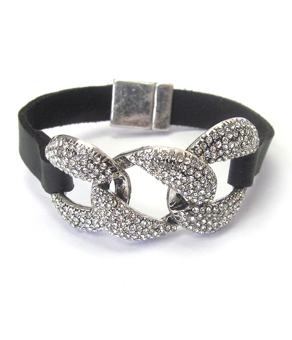 CRYSTAL STUD CHAIN AND LEATHER BAND MAGNETIC BRACELET