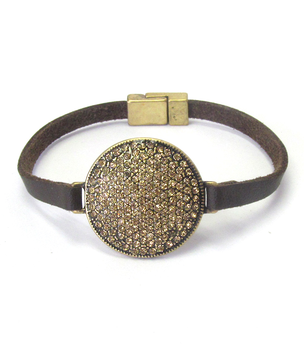 Crystal stud disk and leather band magnetic bracelet