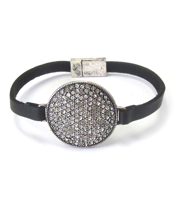 Crystal stud disk and leather band magnetic bracelet