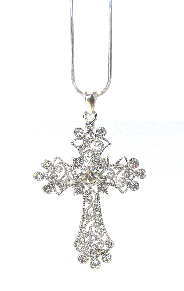 WHITEGOLD PLATING CRYSTAL FILIGREE CROSS PENDANT NECKLACE