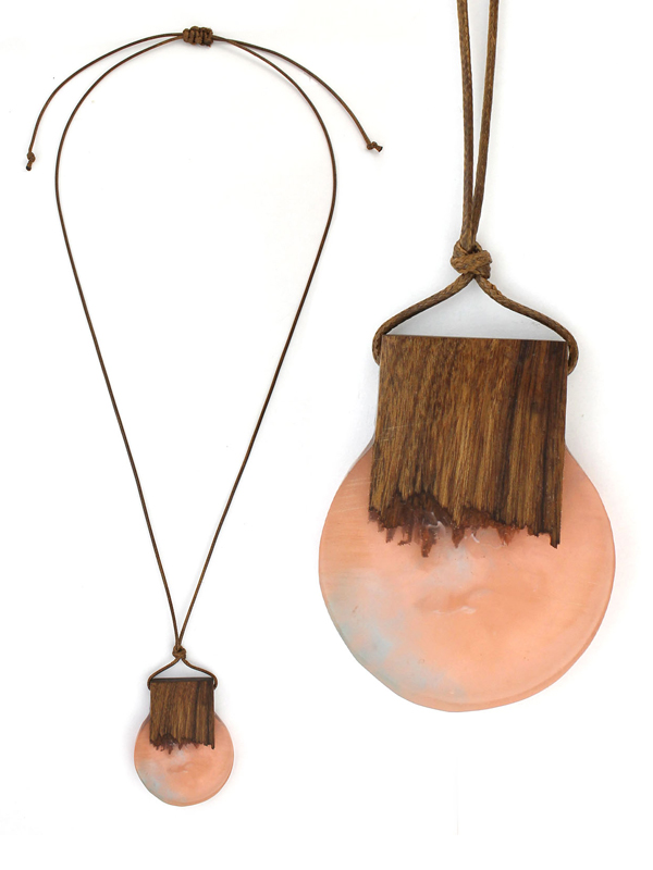 Wood and resin disc pendant pull tie cord necklace