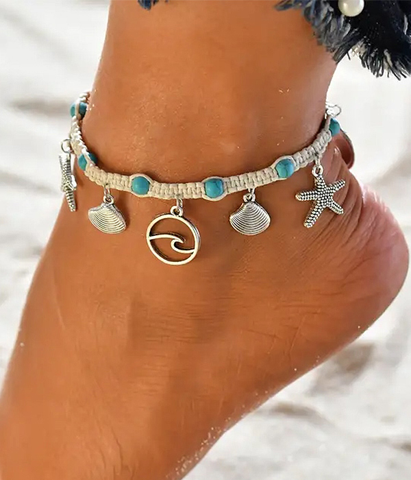 Sealife theme multi charm pull tie anklet