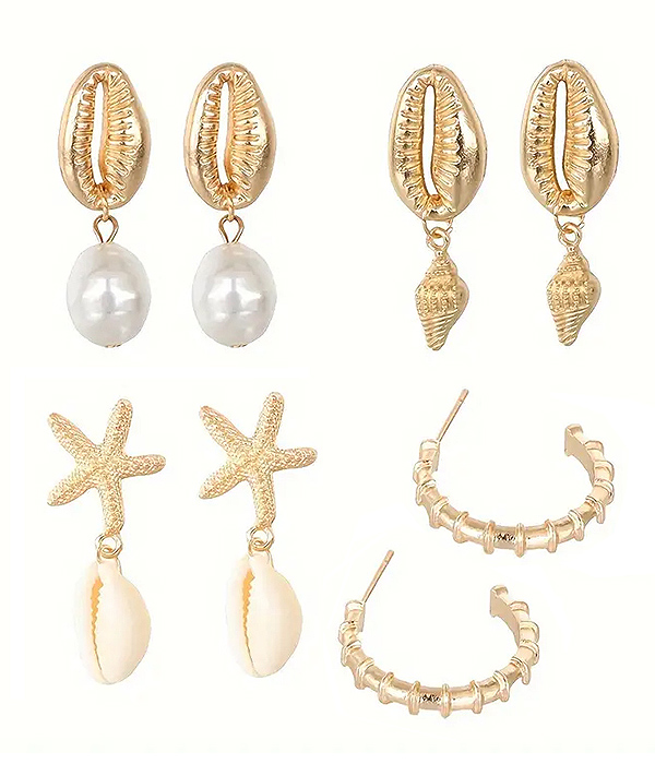 Sealife theme 4 pair earring set - starfish shell pearl
