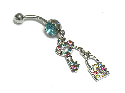 Made in korea whitegold plating crystal key and lock dangle belly charm - surgical steel post body jewelry 