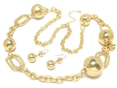 Solid metal balls long necklace and earring set