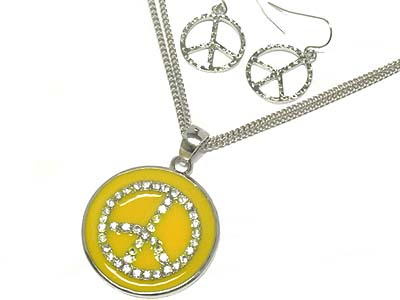 Epoxy and crystal peace symbol pendant necklace and earring set