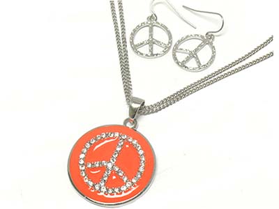 Epoxy and crystal peace symbol pendant necklace and earring set