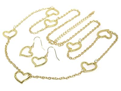 Metal multi heart linked long necklace and earring set