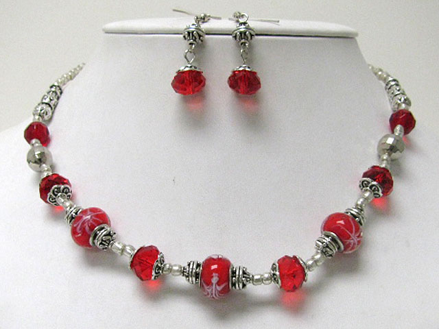 Facet glass beads and ceramic ball link necklace earring set