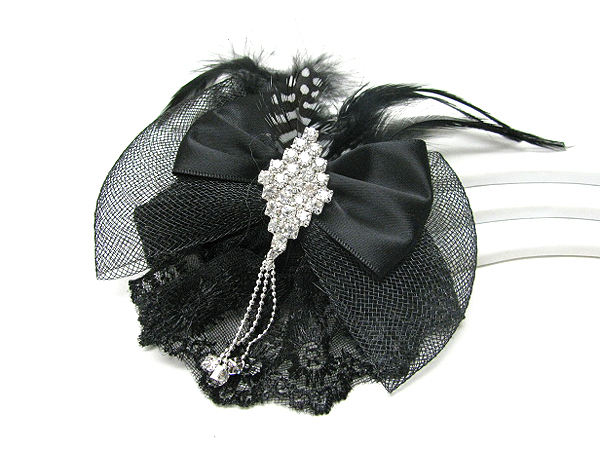 CRYSTAL AND FABRIC RIBBON PIN OR BROOCH