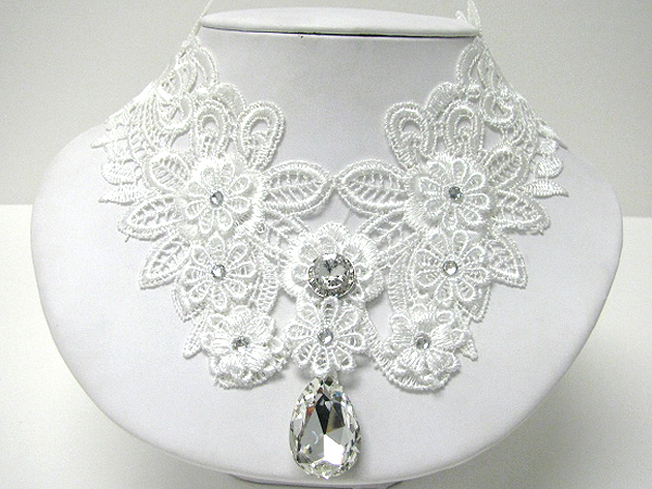 Crystal deco fabric flower link evening necklace