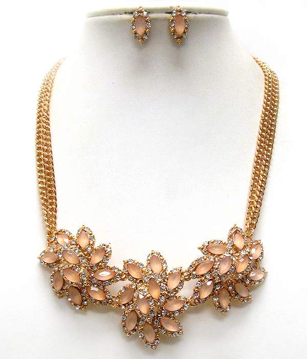 Crystal and acrylic stone deco triple flower necklace earring set