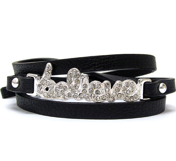 Crystal deco believe message and leatherette wrap bracelet