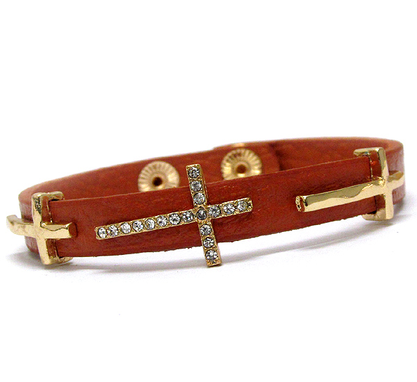 Multi crystal cross and leatherette band bracelet