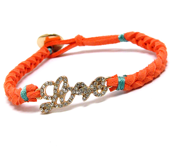 Crystal love and woven leatherette band bracelet -valentine