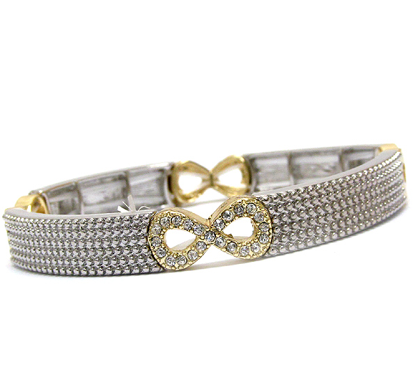 Crytal infiniti deco on textured metal band stretch bracelet