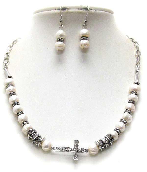 Crystal cross pendant and pearl rondelle bead necklace earring set