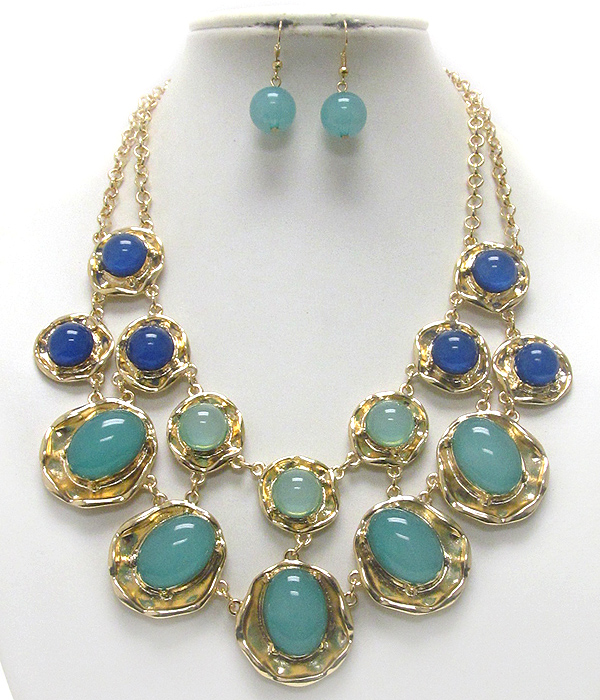 Multi bubble stone on natural shape disk link bib style necklac earring set