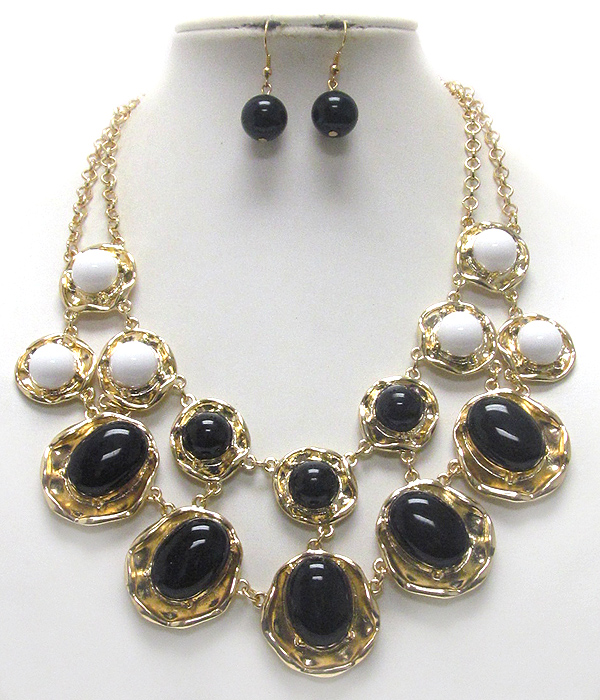 Multi bubble stone on natural shape disk link bib style necklac earring set