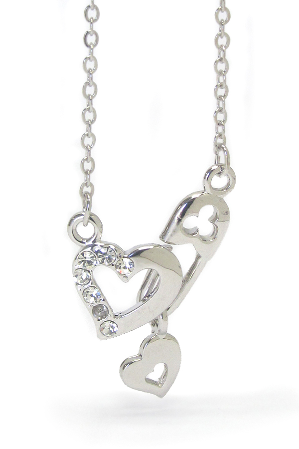 Made in korea whitegold plating crystal heart and pin mix pendant necklace