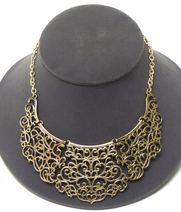 Metal filigree folkloric pattern statement necklace