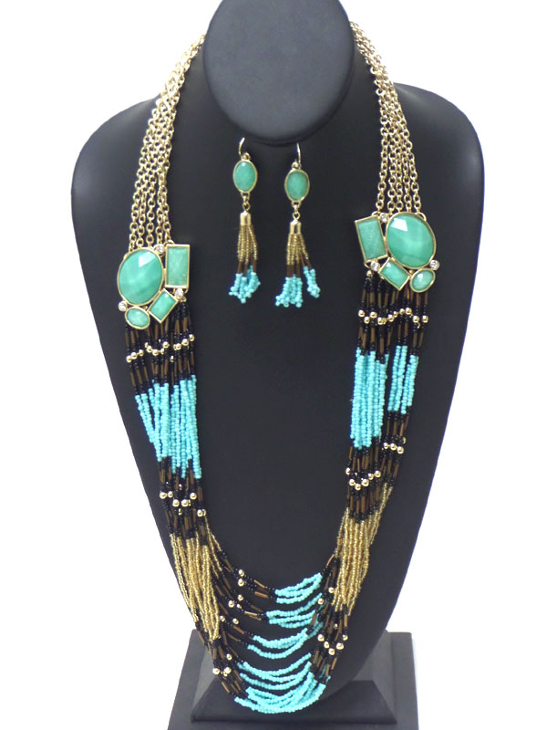 Seed bead multi chain drop long necklace earring set