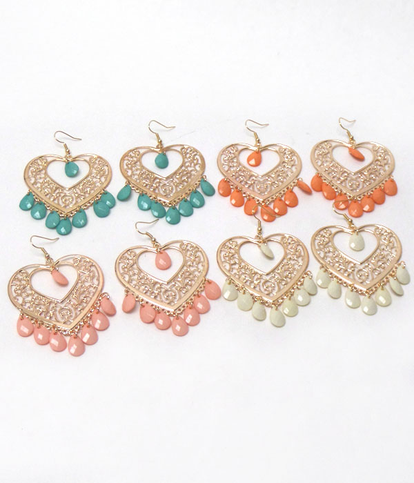 Metal filigree heart and stone dangle 12 pair earring set