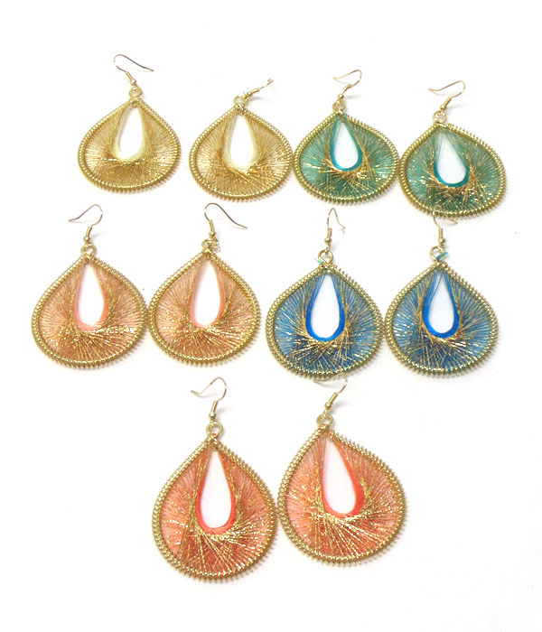 Metalic thread on teardrop 12 pair earring set