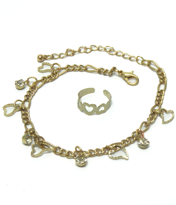 Heart and crystal charm anklet and toe ring set