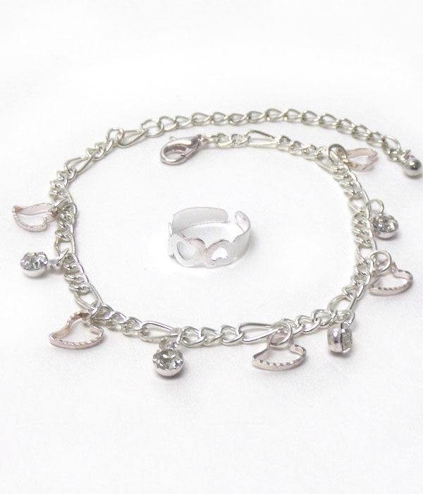 Heart and crystal charm anklet and toe ring set