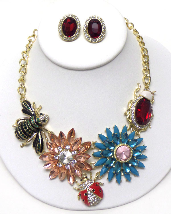Luxury austrian crystal victorian style garden theme bug and flower necklace earring set