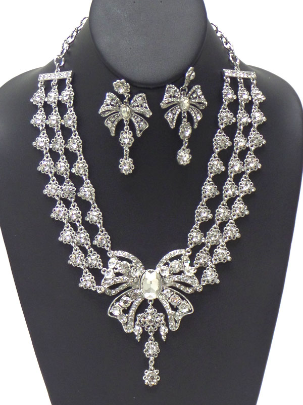 Luxury austrian crystal victorian style bow and triple chain necklace earring set