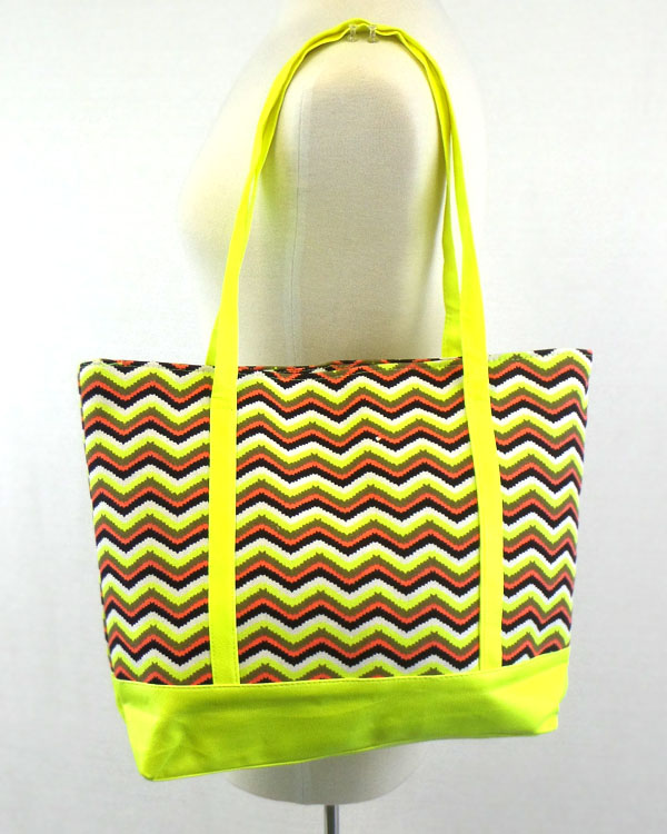 Neon chevron print and rope strap tote bag
