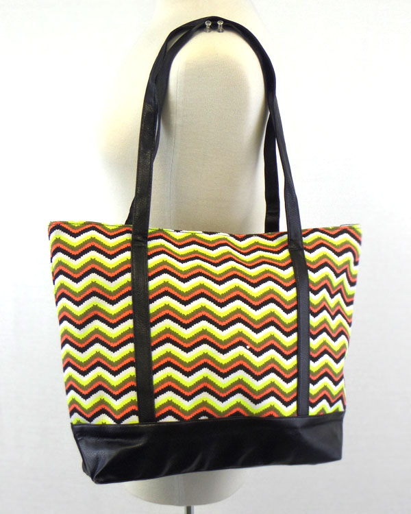 Neon chevron print and rope strap tote bag