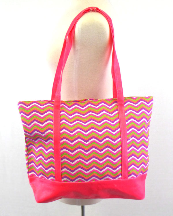 Neon chevron print and rope strap tote bag