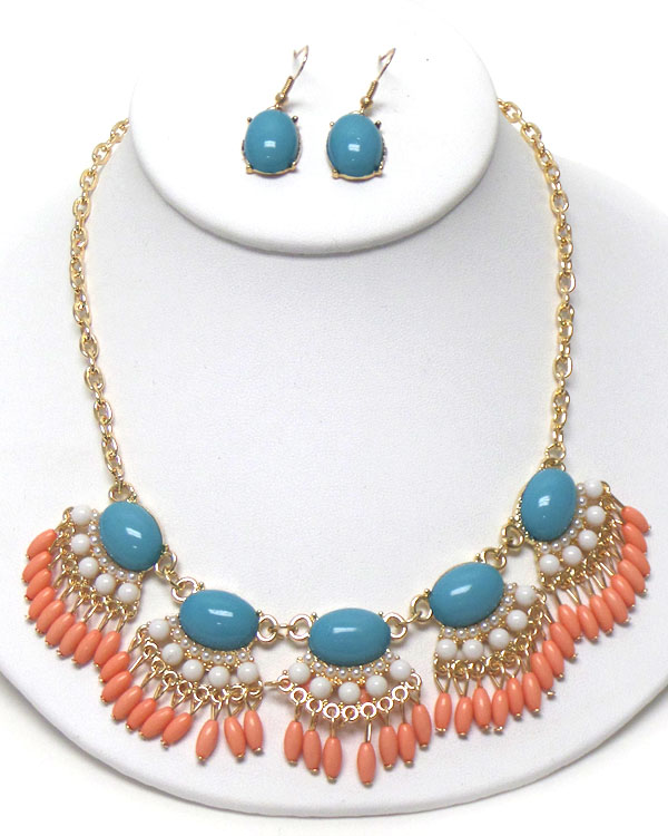 Puffy oval and multi beads drop necklace earring set