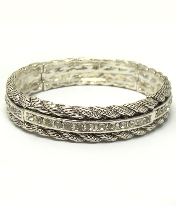 Crystal center line and metal rope textured stretch bracelet
