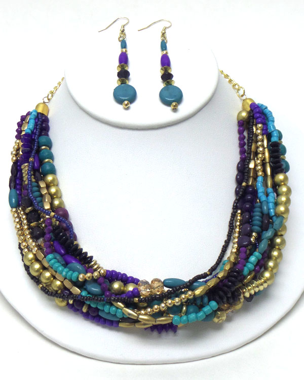 Multi beads and chain mix necklace earring set