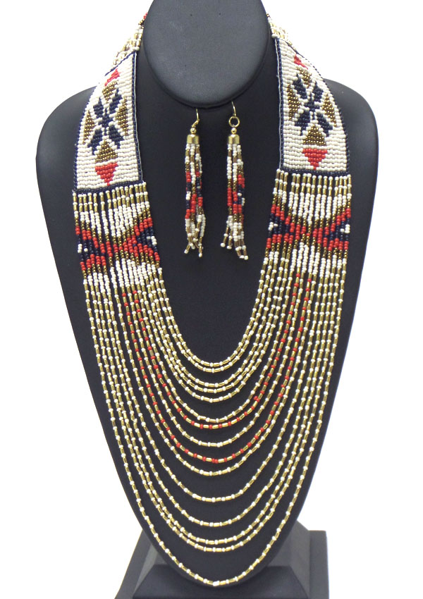 Multi seed beads chain drop aztec pattern long necklace earring set -western