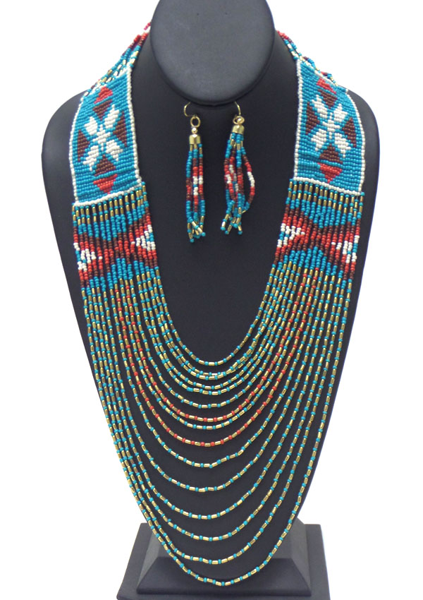 Multi seed beads chain drop aztec pattern long necklace earring set -western
