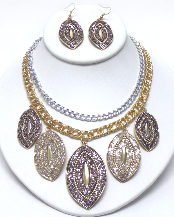 Snakeskin multi oval disk drop double layer necklace earring set