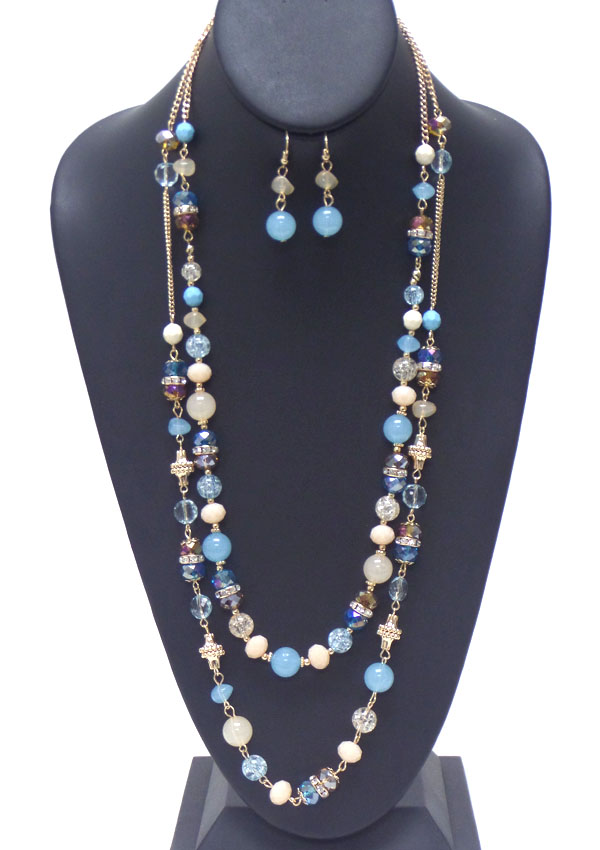 Multi semi precious stone link double layer long necklace earring set