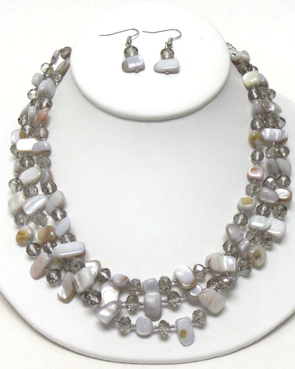 Multi shell and glass beads mix triple layer necklace earring set