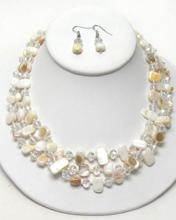 Multi shell and glass beads mix triple layer necklace earring set