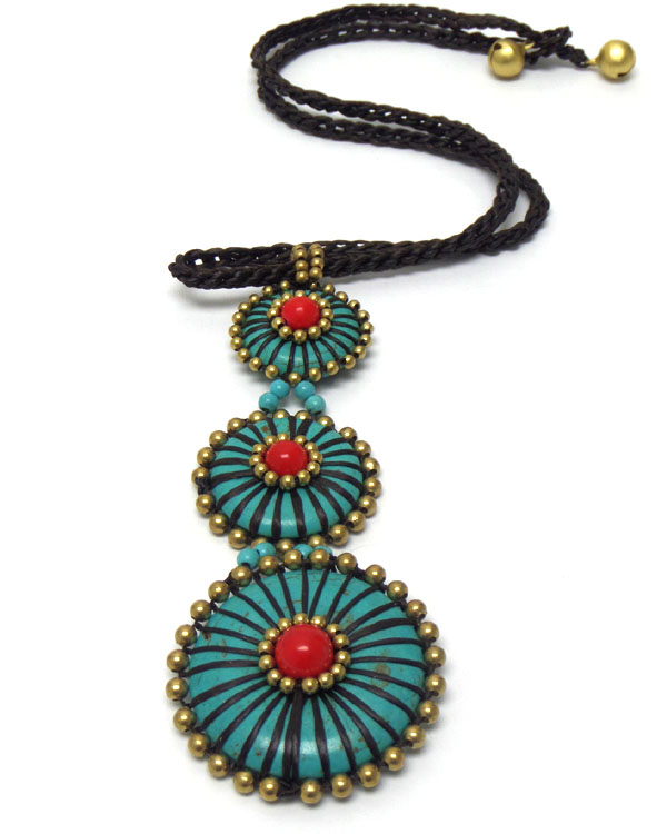 Folkloric style triple disk drop necklace