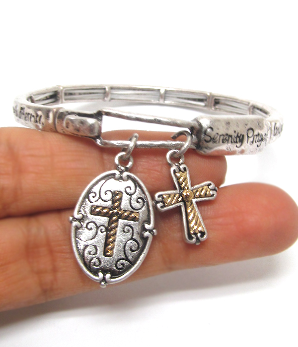 Designer textured cross charm and message stretch bracelet - serenity prayer