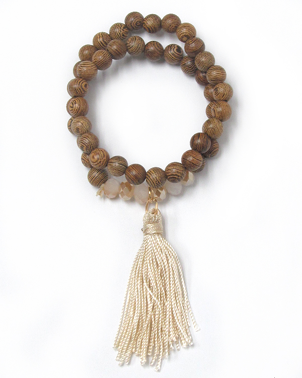 Wood bead and tassel stretch double wrap bracelet
