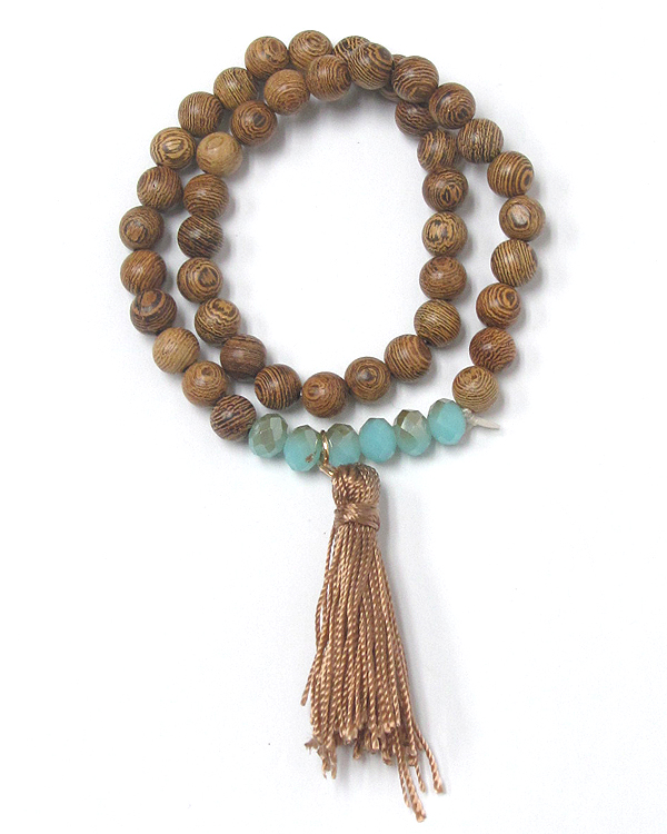 Wood bead and tassel stretch double wrap bracelet