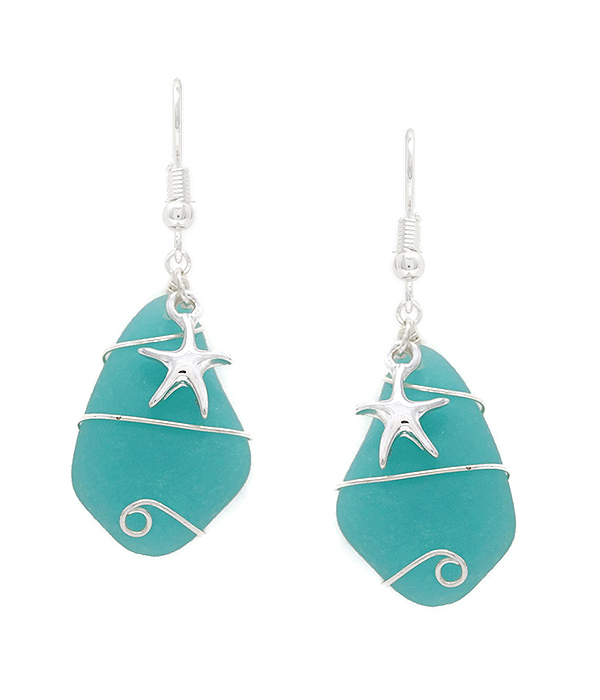 SEALIFE THEME SEAGLASS WIRE WRAP EARRING - STARFISH